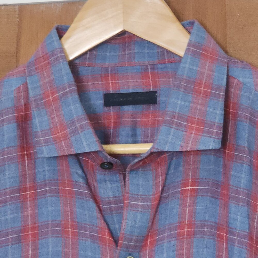 ZACHARY PRELL Blue/Red Linen Plaid L/S sz Large